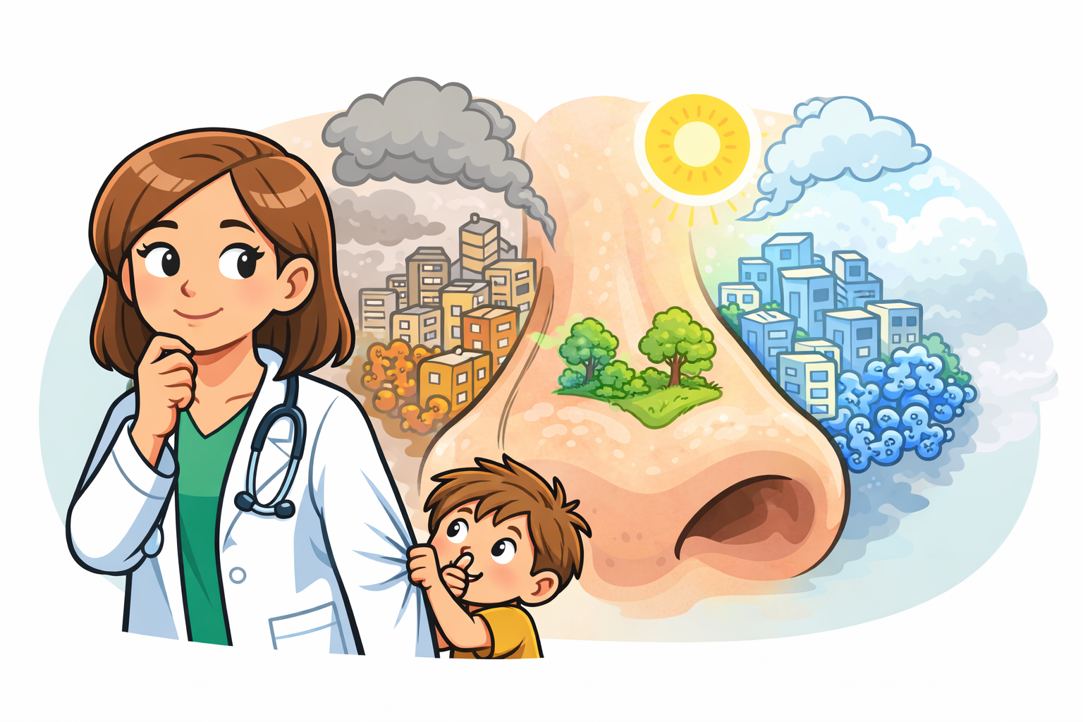 Une allergologue observe un nez stylisé comme une petite ville exposé à la pollution, un enfant le doigt dans le nez tire sur sa blouse