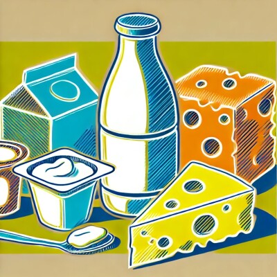 une bouteille de lait entourée de fromages et de yaourts 